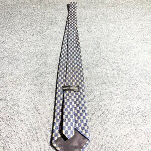 Henry Grethel Mens Silk Necktie Blue Yellow Geometric Checkerboard Pattern Tie